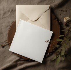 a white envelope, blank note and paper in a wooden box