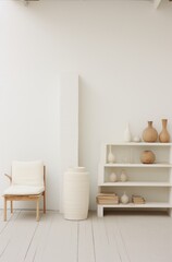 an empty room with white walls and white furniture