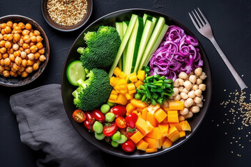 vegetables in a bowl, Vegan in bowl with sweet potato, quinoa, chickpeas, soybeans edamame, tofu, corn, cabbage, radish, broccoli and seeds, black table background, top view.  - obrazy, fototapety, plakaty