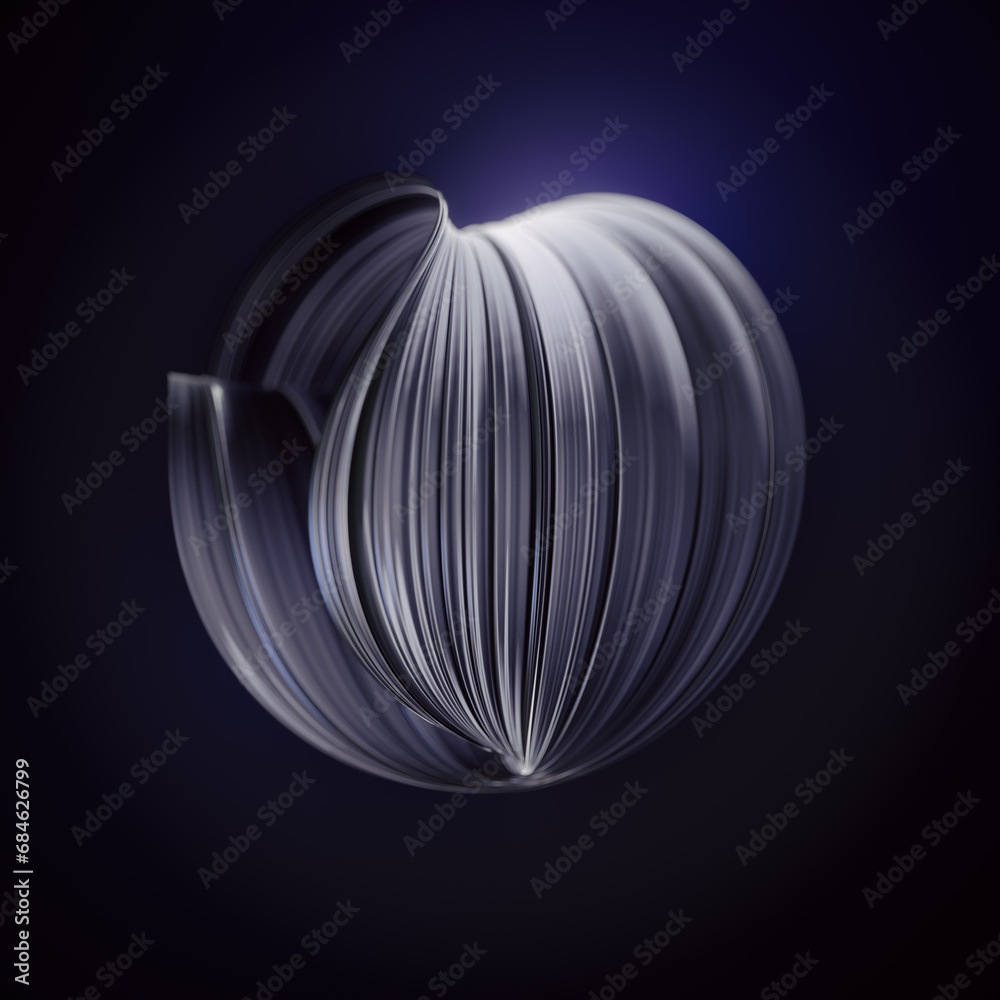 Poster 3d rendering illustration of twisted metallic sphere on a dark background