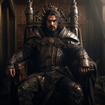 portrait of a king sitting on throne with a sword