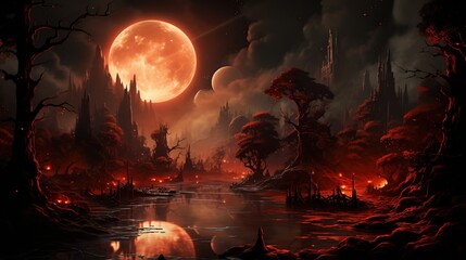 Halloween background with full moon, spooky spooky landscape, 3d illustration - Powered by Adobe