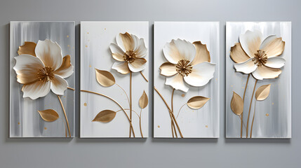 Set of three white and golden flower on gray background. generative ai.
