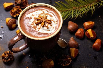 cup of coffee with beans, chestnut hot chocolate