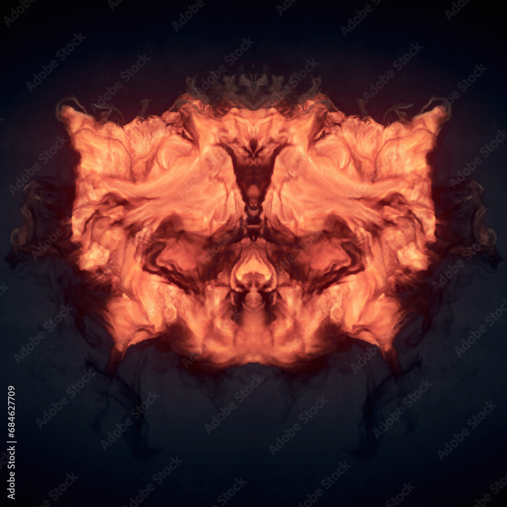 Poster Abstract symmetrical composition of flames on a dark background. 3d rendering digital illustration