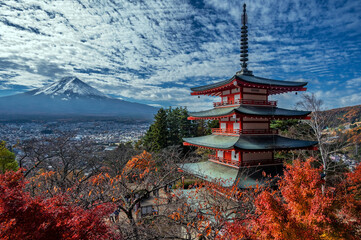 Mount Fuji seen from the Chureito Pagoda and Arakura Sengen Shrine overlooking Fujiyoshida city,...