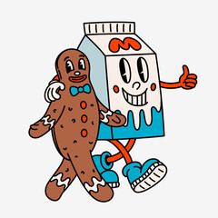 Retro style milk box and gingerbread man cartoon character. Groovy vintage 70s milk and cookie characters walking arm in arm.