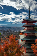 Mount Fuji seen from the Chureito Pagoda and Arakura Sengen Shrine overlooking Fujiyoshida city,...