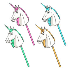 Set of color illustrations with unicorn hobby horse toy on stick. Isolated vector objects on white background.
