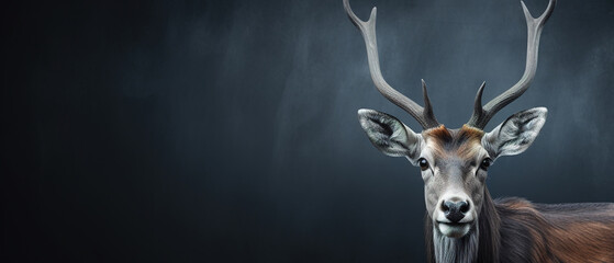 Front view of Antelope on dark gray background. Wild animals banner with copy space