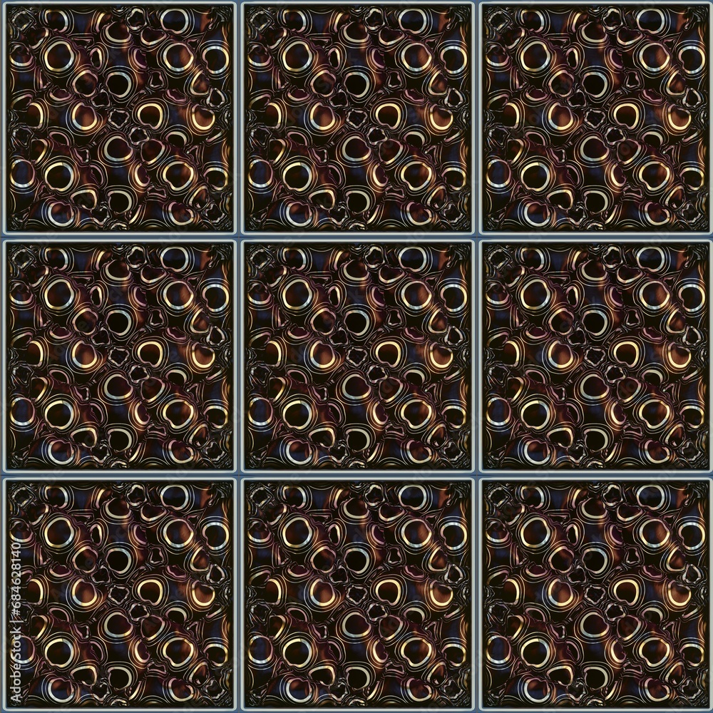 Poster Grid pattern of inflatable black material with a pattern of golden circles. 3d rendering digital illustration
