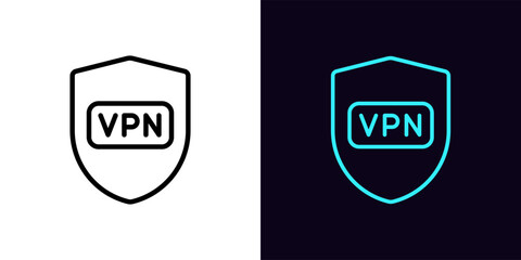 Outline secure VPN icon, with editable stroke. Shield sign with VPN button. Safe virtual private network. Secure personal internet access, proxy address. Web app, global cyber security. Vector icon - obrazy, fototapety, plakaty
