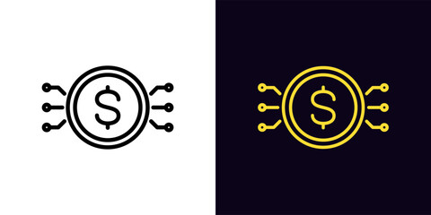 Outline digital Dollar icon, with editable stroke. Digital USD token, dollar coin sign with connections. Central bank digital currency. Virtual money, cryptocurrency network transactions. Vector icon