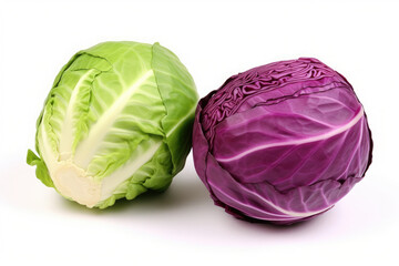 Cabbage set. Red cabbage and white cabbage, isolated on white background. Healthy organic food, fresh green vegetables