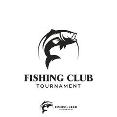 Fishing club Logo design with creative angler and jumping fish.