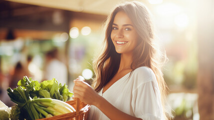 Beautiful smiling woman buying greenery at farmers market. Happy customer visiting farmers market stand, looking to buy homegrown fresh bio products from street fair.