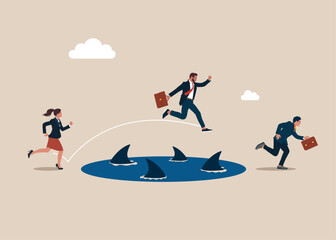 Business team jump through group of circling sharks in the sea, to achieve business success. Avoid pitfall, adversity and  business failure. Flat vector illustration