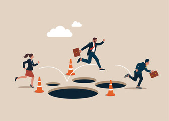Business team jump pass many pitfalls to achieve business success. Flat vector illustration