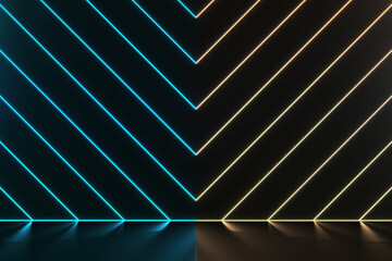 Dark black gloss blank background with yellow lights and floor for product display and advertising. Stand with empty space for promotion.