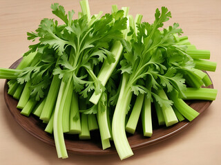 Horizontal image with vegan product, health vegetable celery and copy space.