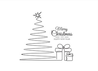 Fototapeta premium Continuous one line line drawing of xmas tree and gift. Merry Christmas concept