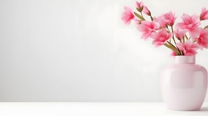 generated illustration of a vase of pink flowers on the white background for copy space