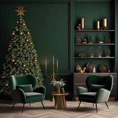 green chairs and a green christmas tree in a living room