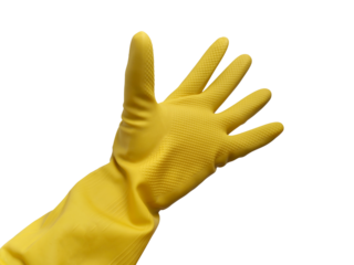 Person hand wearing yellow rubber glove, spreading fingers, cut out isolated