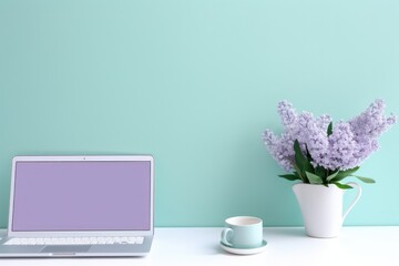 lilac computer, flowers, notebook,