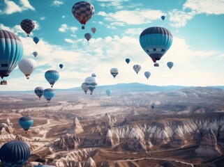 Obraz premium many colorful balloons in flight near a valley
