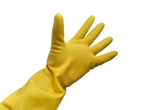 Person hand wearing yellow rubber glove, spreading fingers, cut out isolated