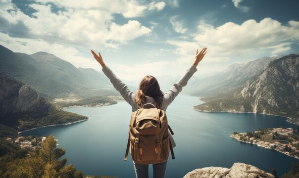 image of woman with backpack and arms outstretched to lake