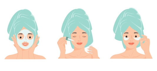 Woman making skin care step-by-step, application of masks, Applying Cosmetic Serum Oil, using patches. Skin Care Routine, Hygiene and Moisturizing Concept. Vector flat illustration.