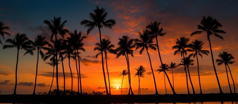 palm trees in silhouette against a tropical sunset