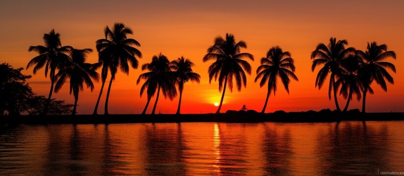 palm trees in silhouette against a tropical sunset