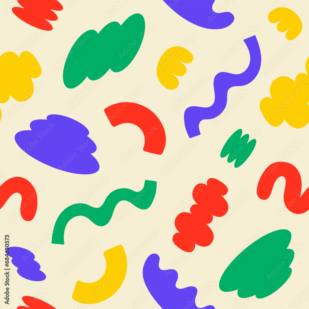 Poster Abstract seamless pattern with colorful playful cartoon shapes on a beige background. Trendy random shapes. Vector illustration