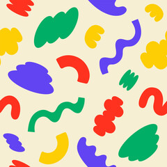 Abstract seamless pattern with colorful playful cartoon shapes on a beige background. Trendy random shapes. Vector illustration