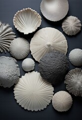 textured shells on a table are on a grey surface