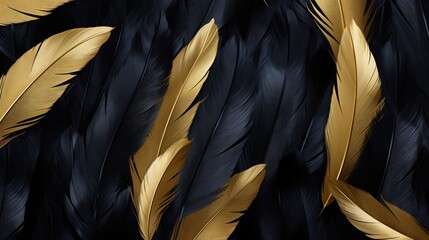 Closeup gold and black feathers isolated background