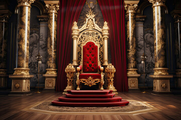 an ornate room with a throne and a red carpet. luxury royal interior. a throne room fit for king
