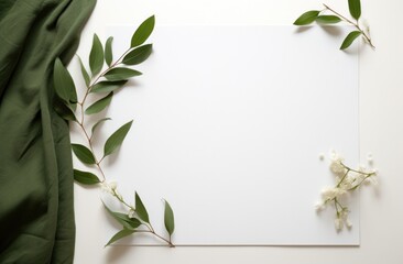 Naklejka premium white blank sheet with green leaves and flowers around it