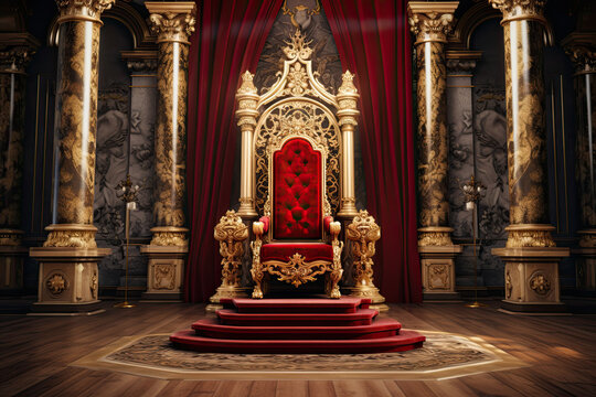 an ornate room with a throne and a red carpet. luxury royal interior. a throne room fit for king