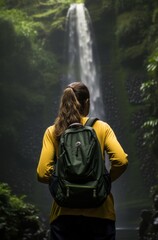 woman with backpack standing near waterfall of ubud