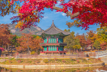 Hyangwonjeong Pavilion, the water pavilion in autumn at Gyeongbokgung Palace, Seoul, South Korea