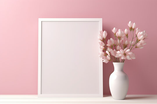 a blank white frame with a flower vase on a pink wall. front view blank mockup of photo frame and vase.