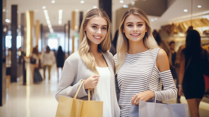 Two young happy women enjoying shopping holding shopping bags walking out from shop in a mall. Shopaholic, sale, discount concept. Beautiful women holding shopping bags in a store.