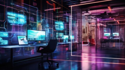Open space modern cyberpunk office with Neon light metaverse futuristic concept