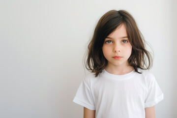 Fototapeta premium Portrait of a cute kid, girl, neutral expression, white and neutral teeshirt and background, serious