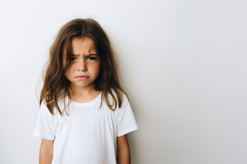 Portrait of a cute kid, girl, crying, white and neutral teeshirt and background, sad
