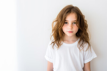 Portrait of a cute kid, girl, neutral expression, white and neutral teeshirt and background, serious - obrazy, fototapety, plakaty